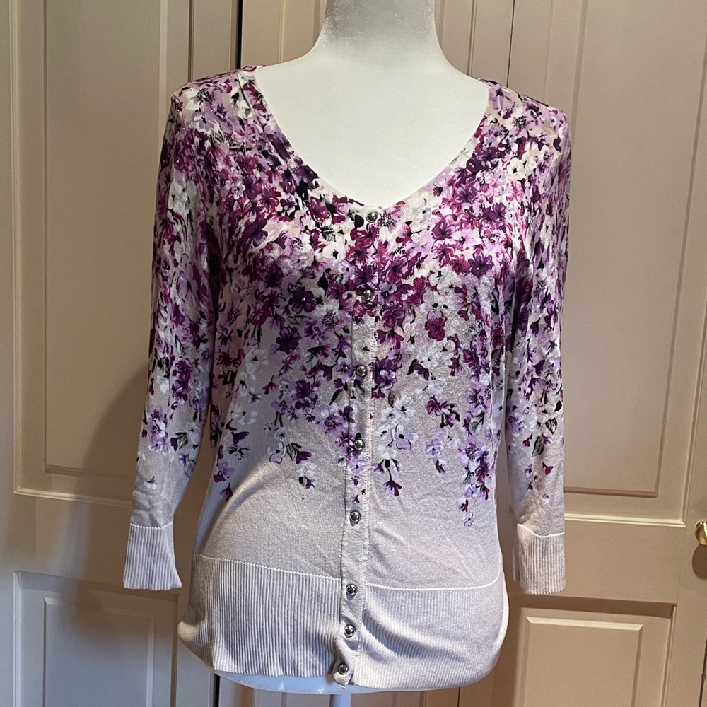 White House Black Market cardigan size M shades of purple on beige.